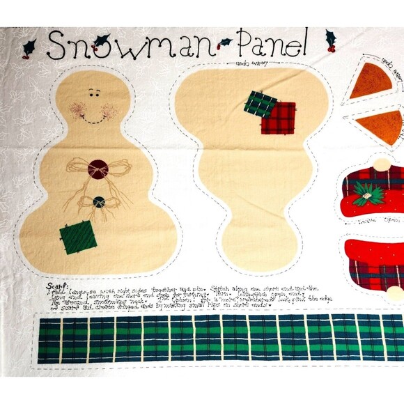 Vintage Fabric Snowman Sewing Panel 2 Different Country Check Cotton 10 Inch - Picture 2 of 5